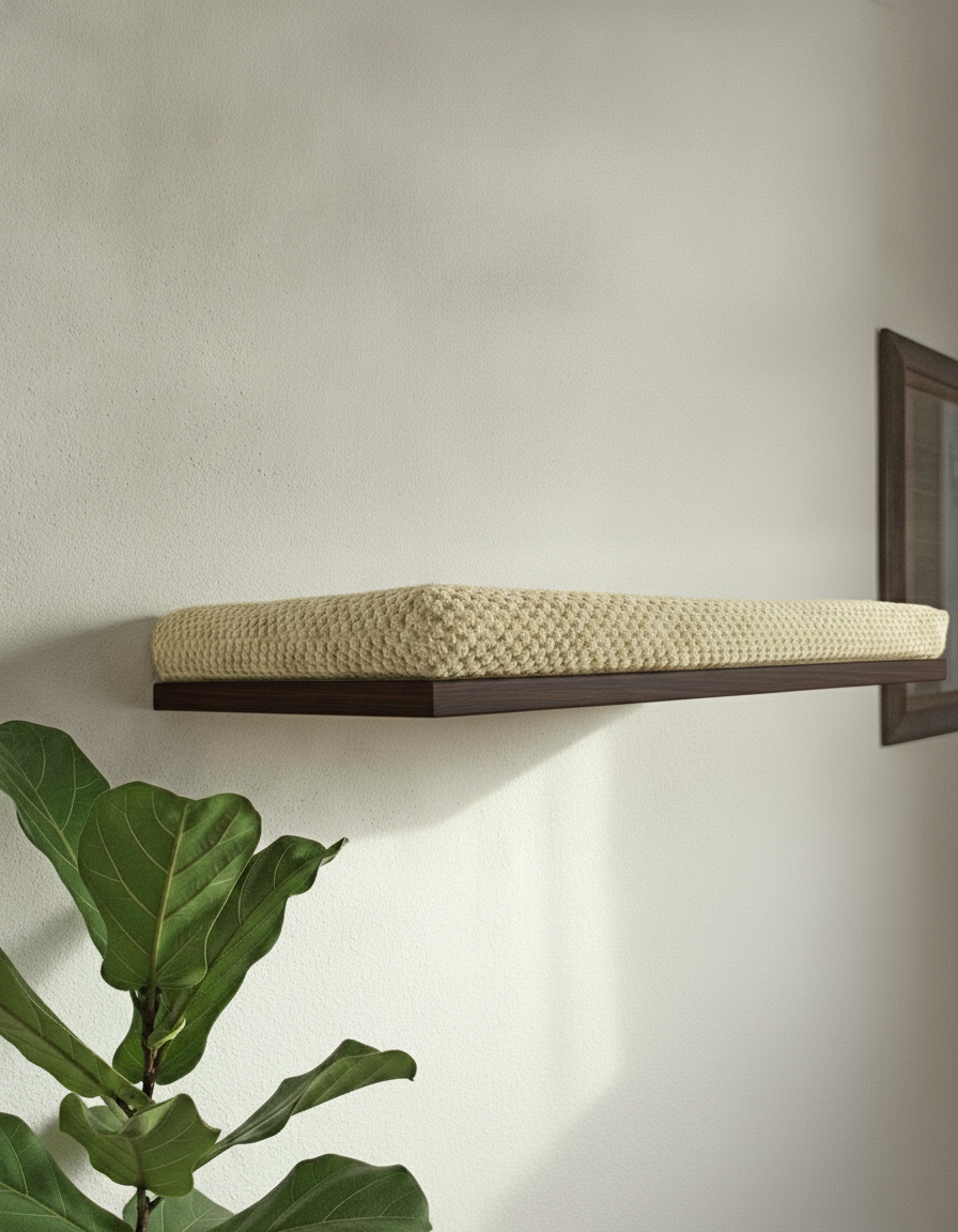 Floating Cat Wall Shelf - The Cozy Nook in Wenge, Cream cushion