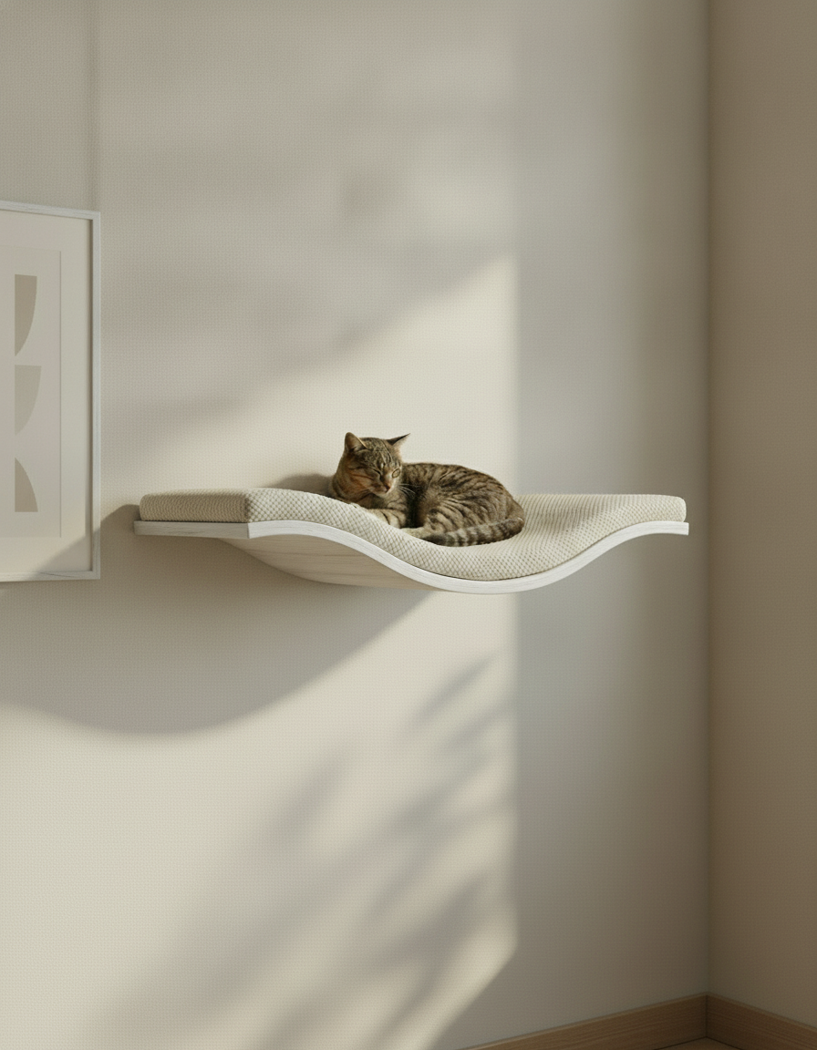 Floating Cat Wall Shelf - The Wavey Retreat in White, Cream cushion