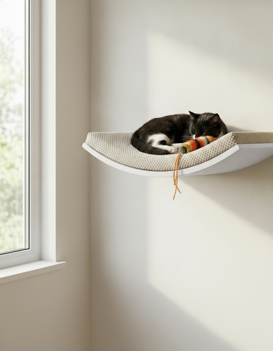 Floating Cat Wall Shelf - Softly Shaped in White, Cream cushion