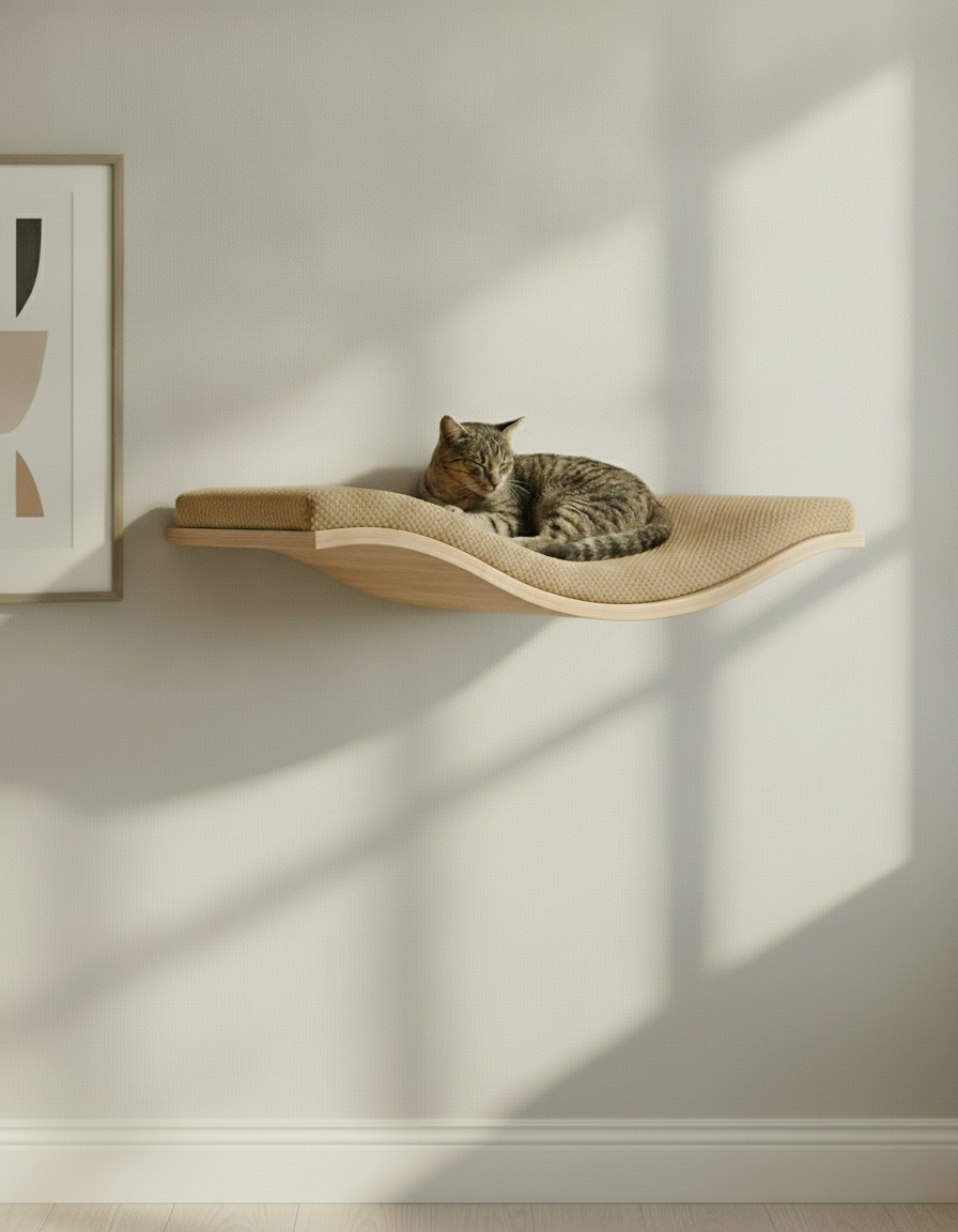 Floating Cat Wall Shelf - The Wavey Retreat in Natural Beech, Beige cushion