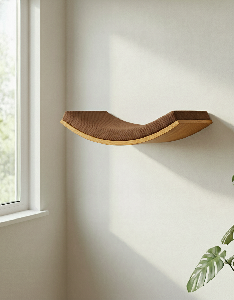 Floating Cat Wall Shelf - Softly Shaped in Golden Oak, Dark Chocolate cushion
