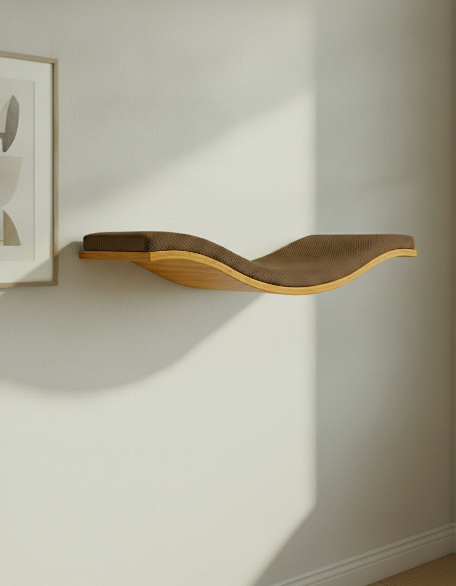 Floating Cat Wall Shelf - The Wavey Retreat in Golden Oak, Dark Chocolate cushion