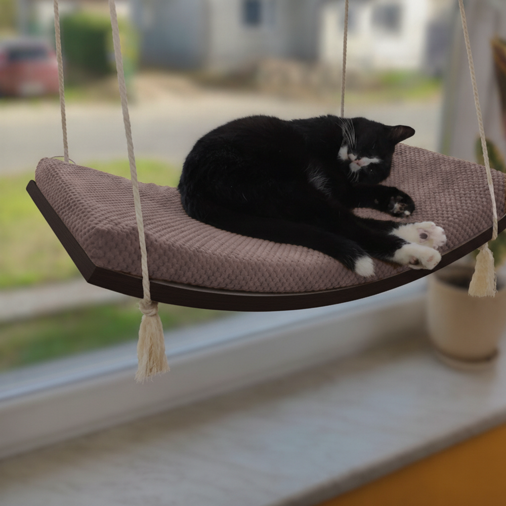 Cat Window Hammock - The Arcing View in Wenge, Chocolate cushion