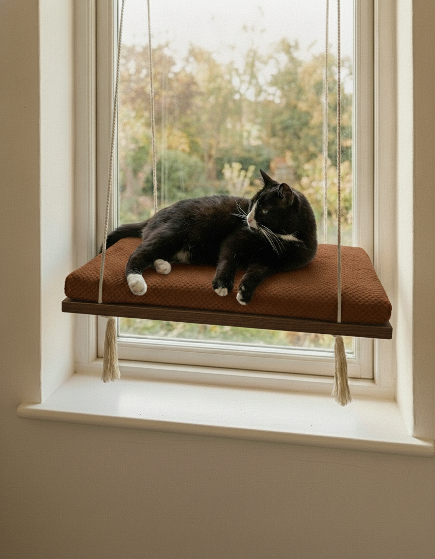Cat Window Perch - Pine Wood - The Sunny Spot in Wenge, Dark Chocolate cushion