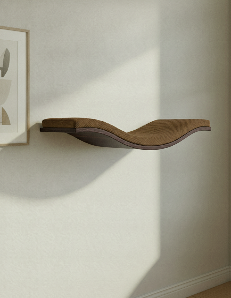 Floating Cat Wall Shelf - The Wavey Retreat in Wenge, Dark Chocolate cushion