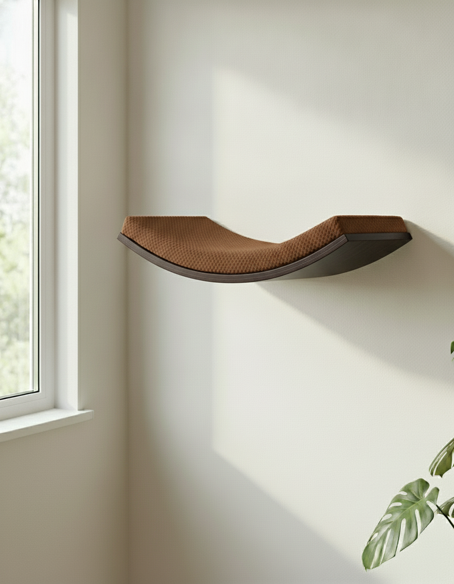 Floating Cat Wall Shelf - Softly Shaped in Wenge, Dark Chocolate cushion