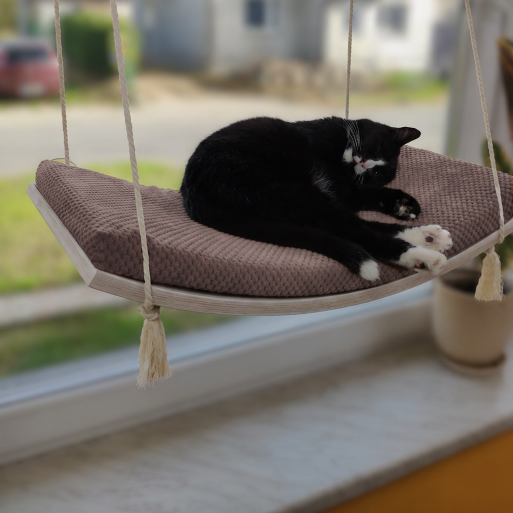 Cat Window Hammock - The Arcing View in White, Chocolate cushion