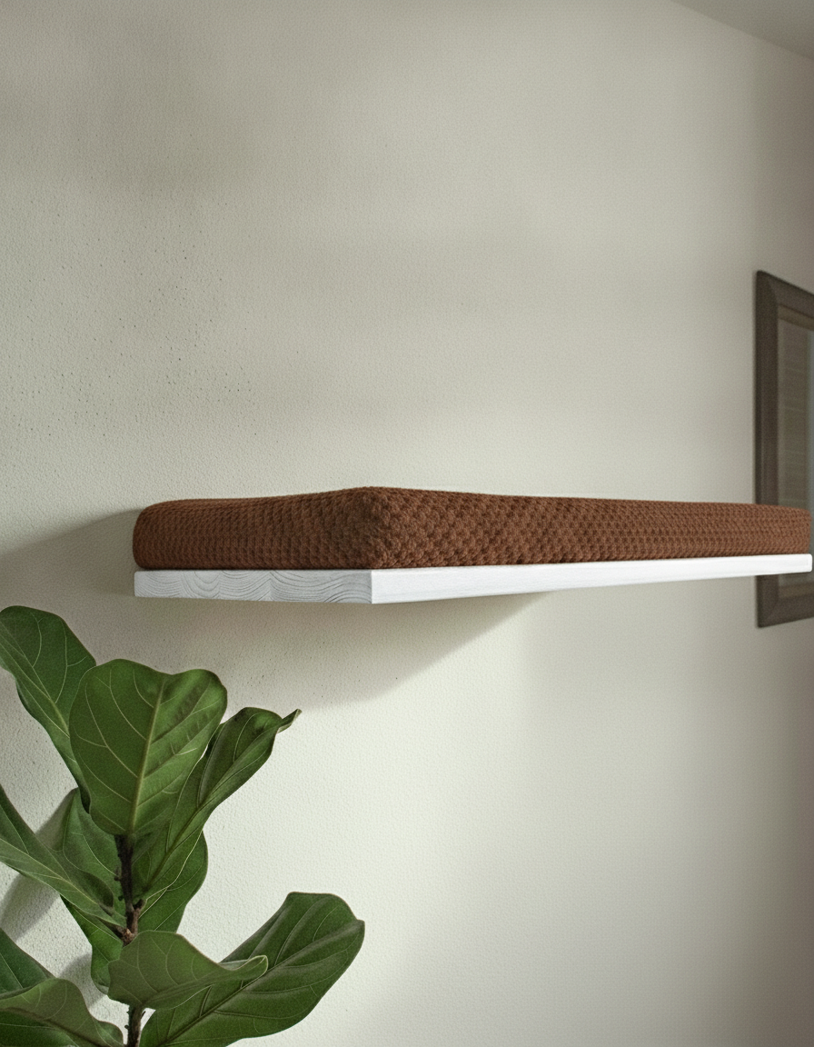 Floating Cat Wall Shelf - The Cozy Nook in White, Dark Chocolate cushion