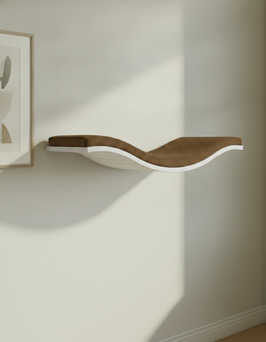 Floating Cat Wall Shelf - The Wavey Retreat in White, Dark Chocolate cushion