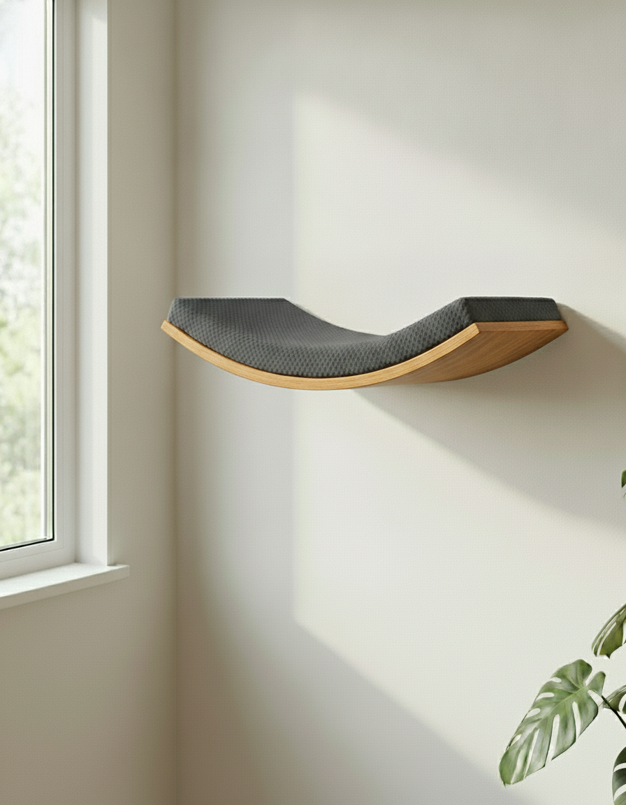 Floating Cat Wall Shelf - Softly Shaped in Golden Oak, Dark Grey cushion