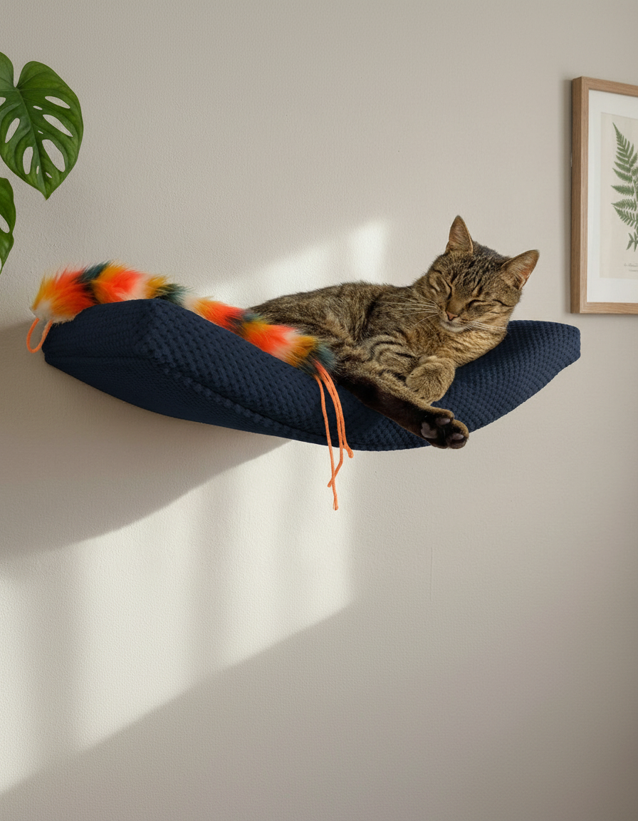 Cat Wall Shelf - The Arcing Haven with Deep Navy Blue DOT cushion