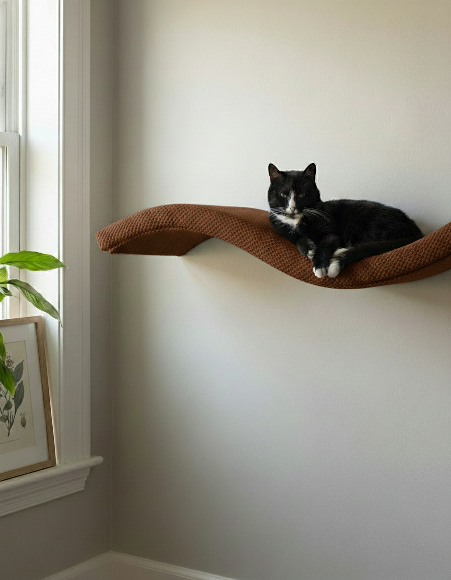 Cat Wall Shelf - The Wave with Dark Chocolate DOT cushion