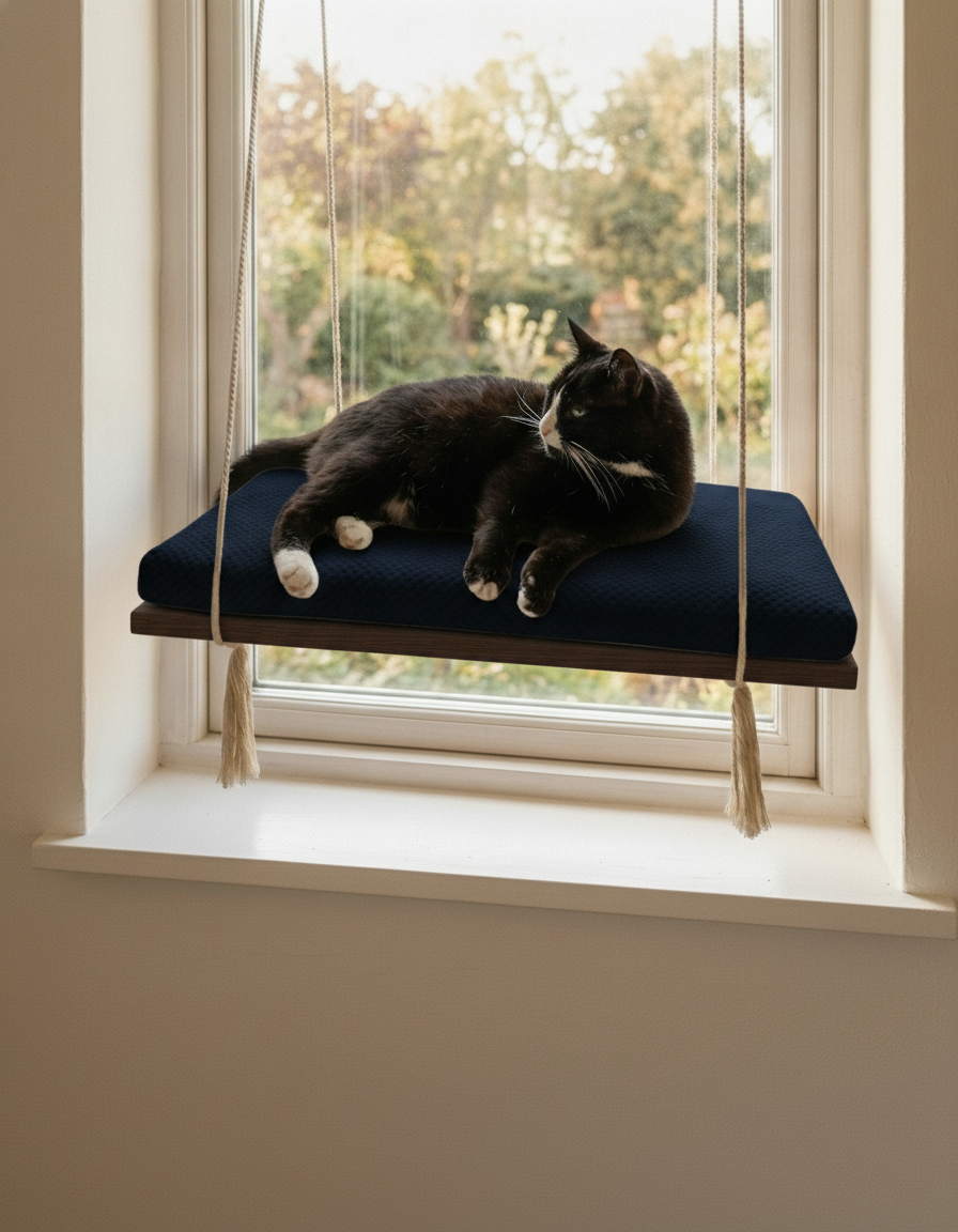 Cat Window Perch - Pine Wood - The Sunny Spot in Wenge, Deep Navy Blue cushion