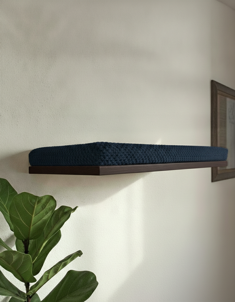 Floating Cat Wall Shelf - The Cozy Nook in Wenge, Deep Navy Blue cushion