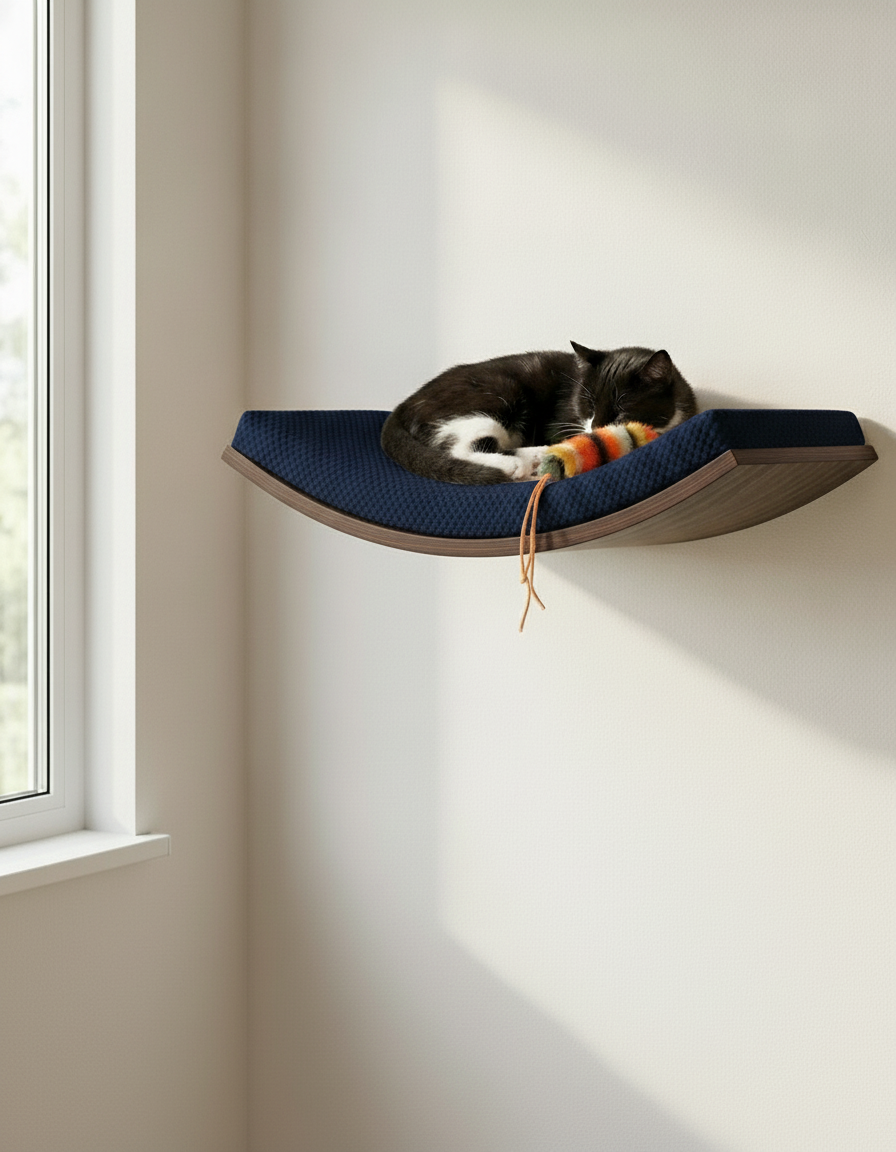 Floating Cat Wall Shelf - Softly Shaped in Wenge, Deep Navy Blue cushion