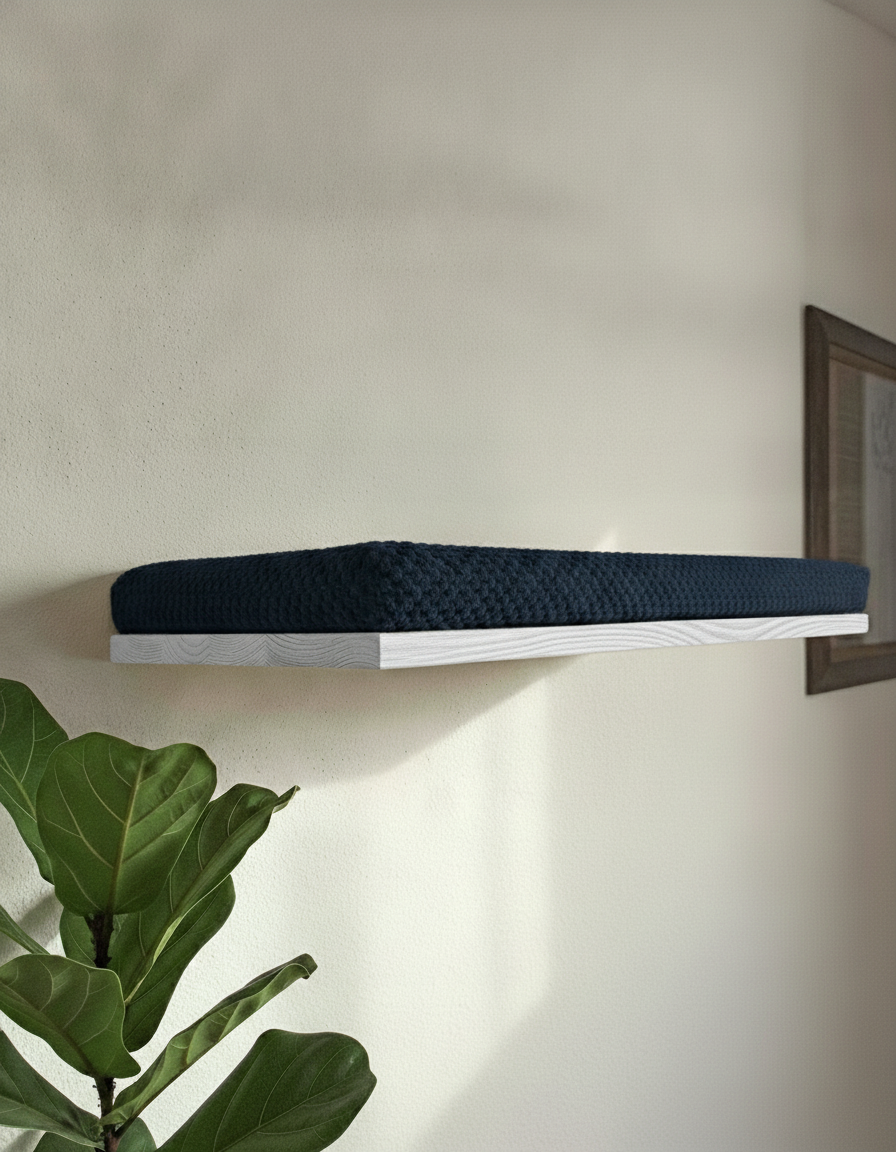 Floating Cat Wall Shelf - The Cozy Nook in White, Deep Navy Blue cushion