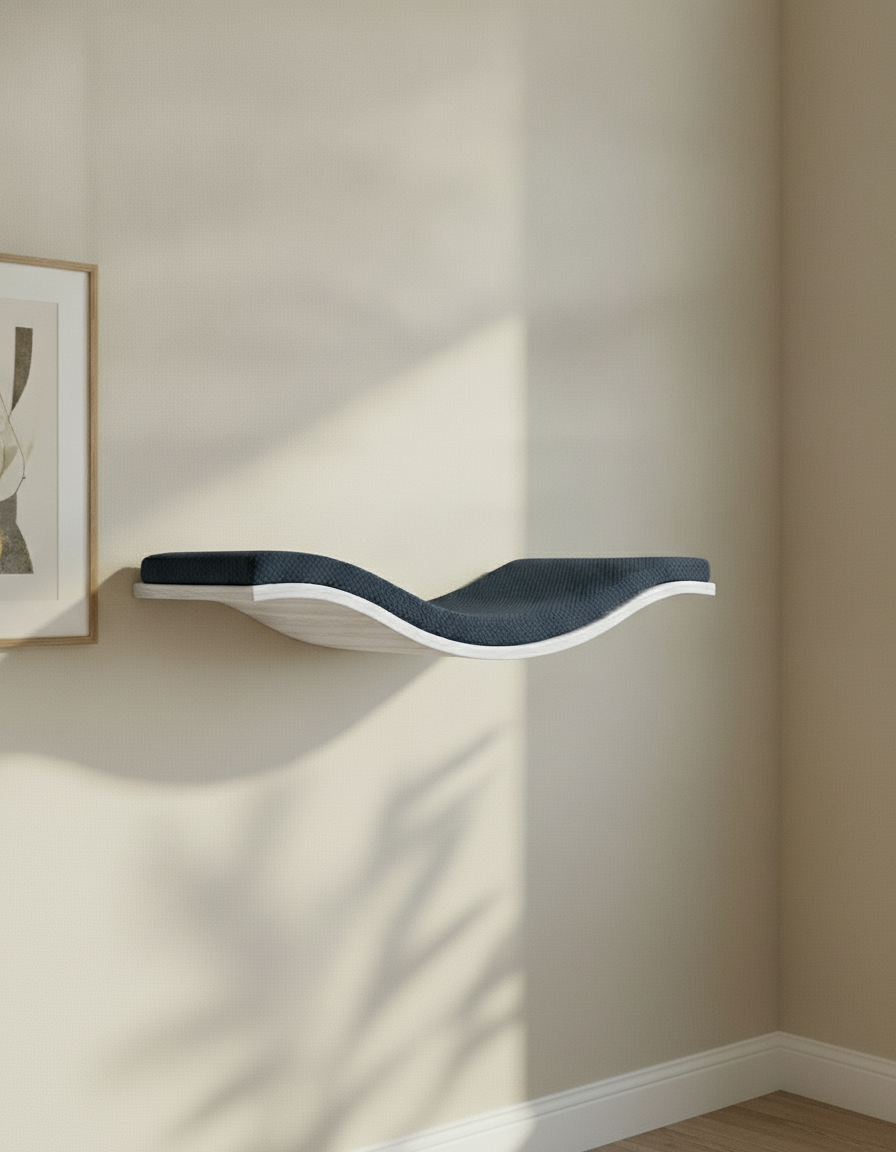 Floating Cat Wall Shelf - The Wavey Retreat in White, Deep Navy Blue cushion