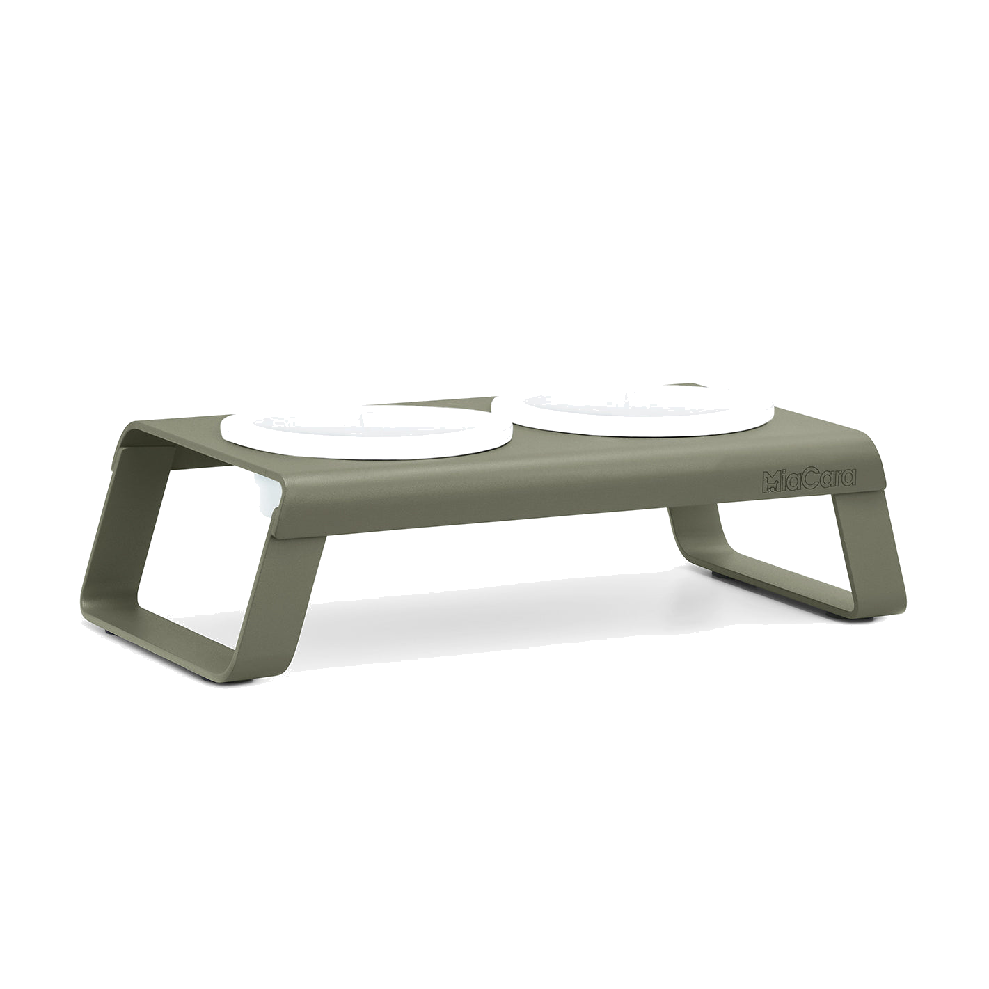 MiaCara Desco designer cat feeder in sage green with white porcelain bowls, minimalist German pet furniture design