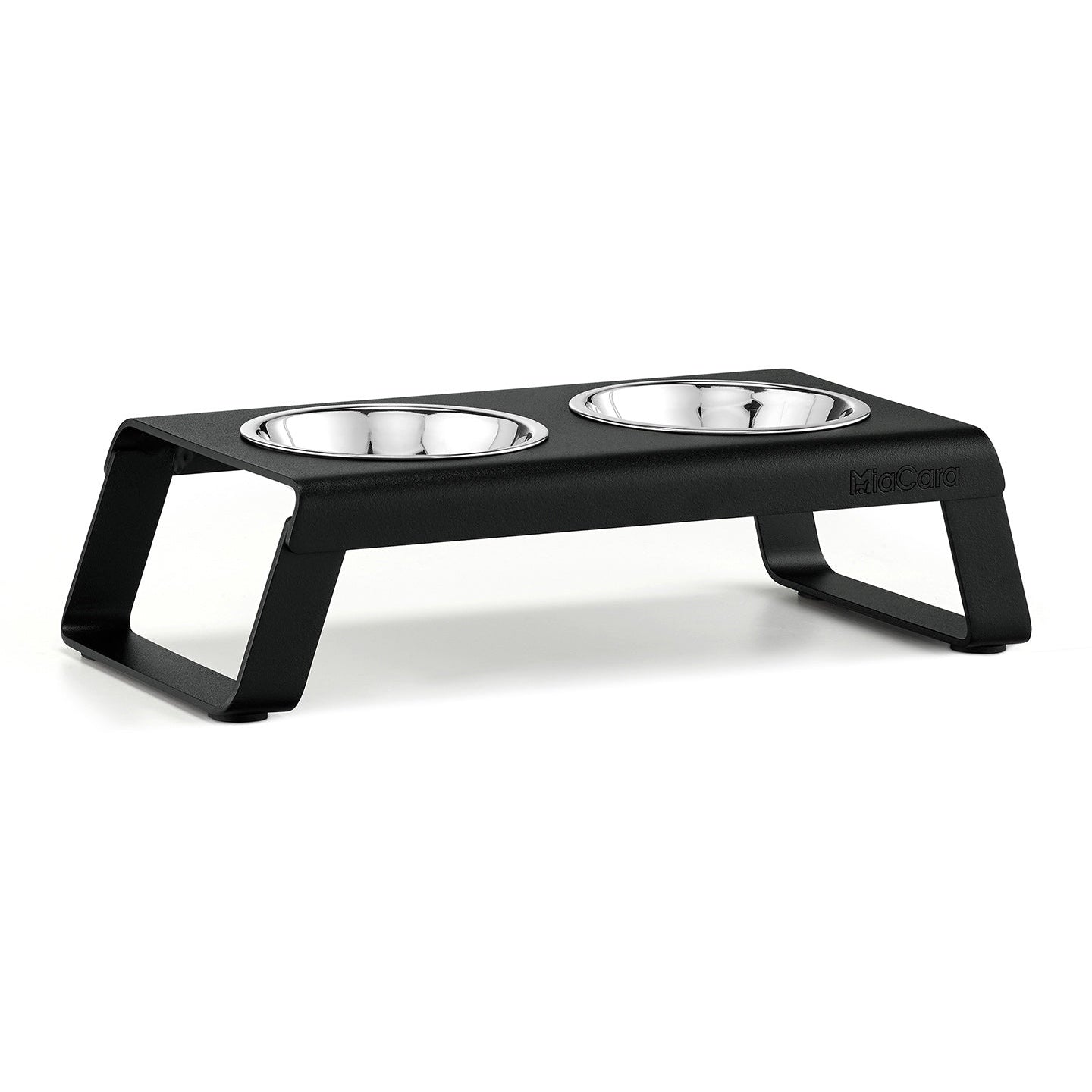 MiaCara Desco Elevated Cat Feeder in black with two stainless steel bowls on white background