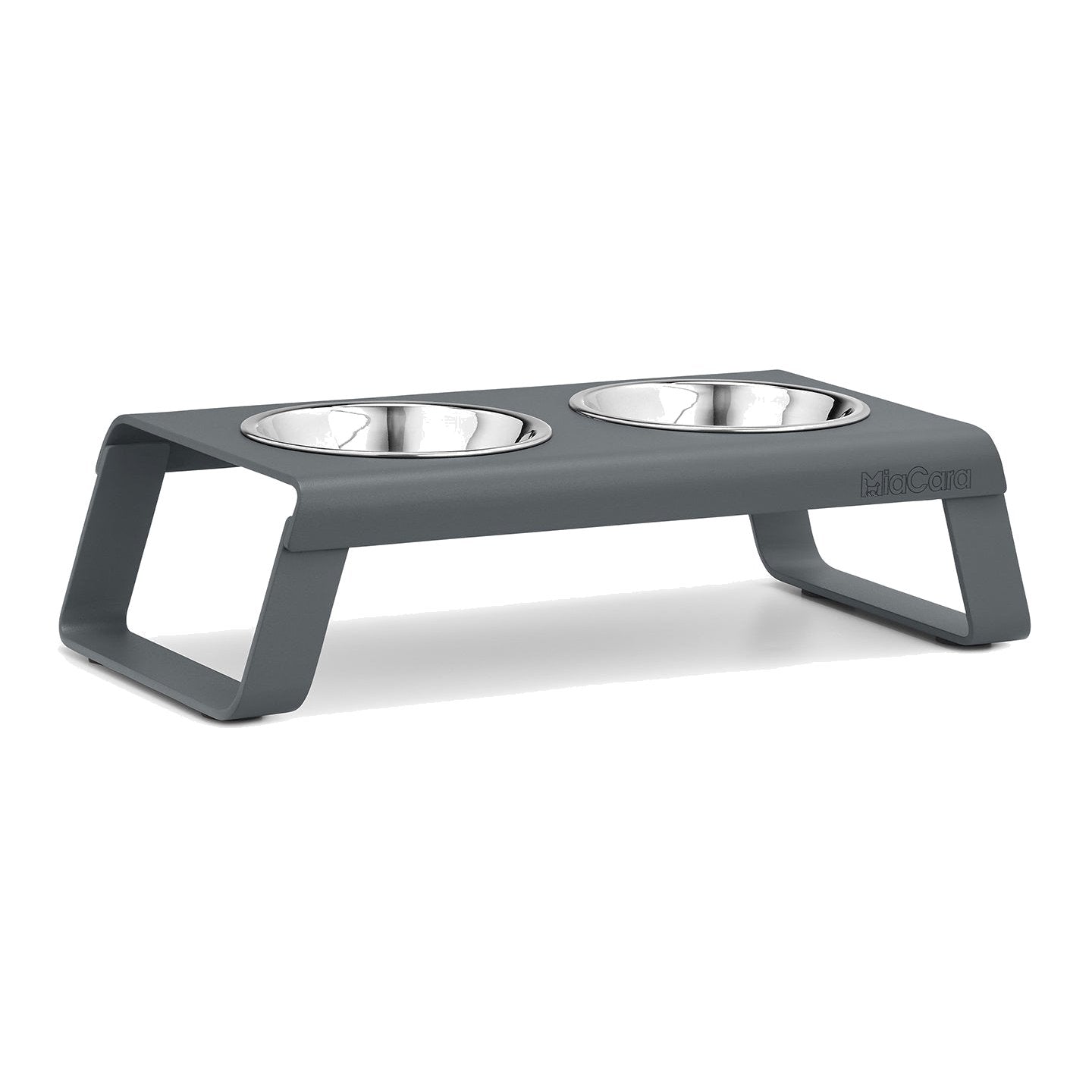 MiaCara Desco elevated cat feeder with dual stainless steel bowls in minimalist grey contemporary design
