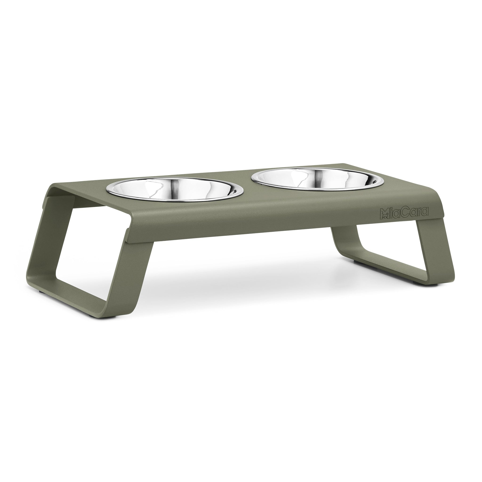 MiaCara Desco elevated cat feeder in sage green with dual stainless steel bowls, German minimalist design