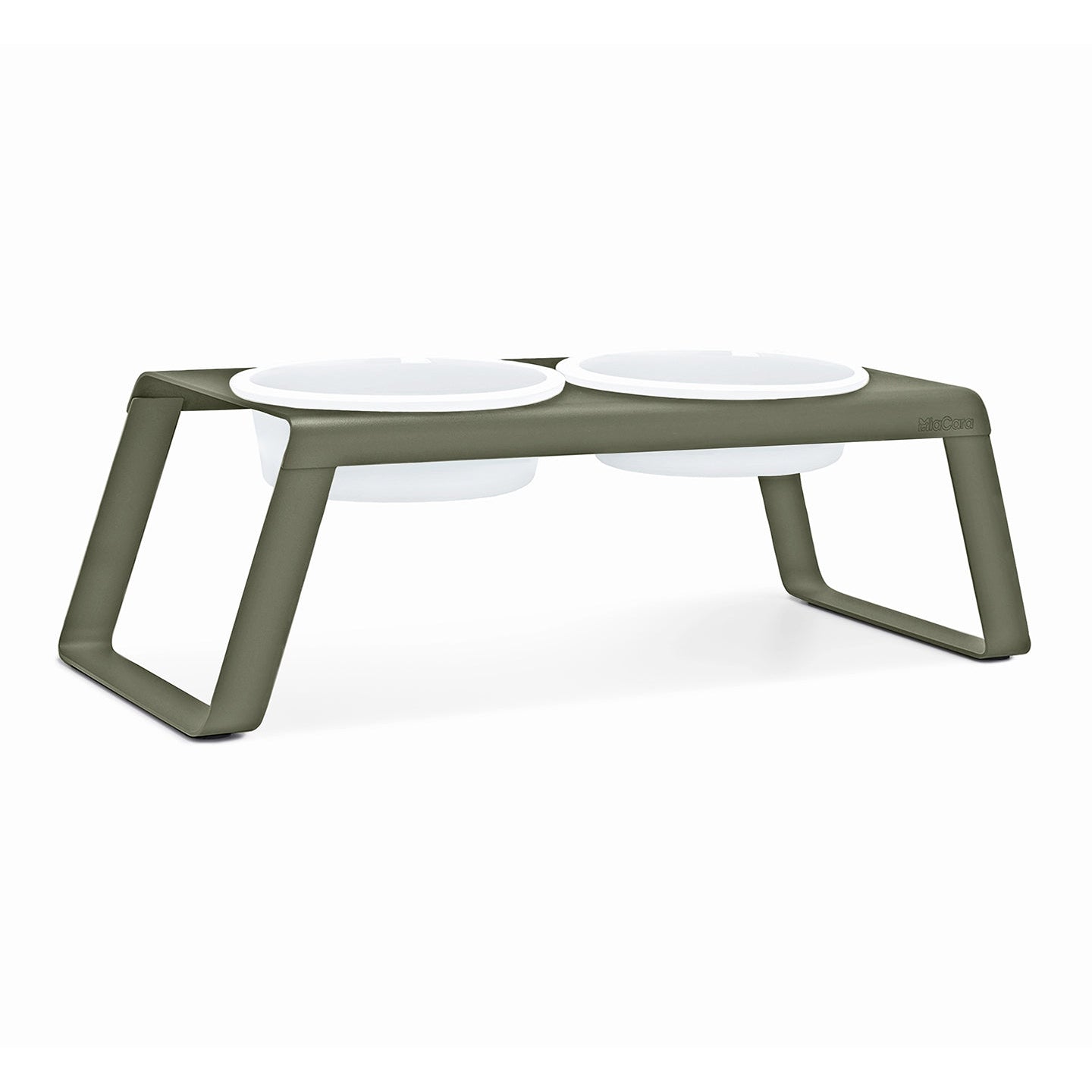 MiaCara Desco Elevated Dog Feeder in grolive, with two white bowls, on a white background