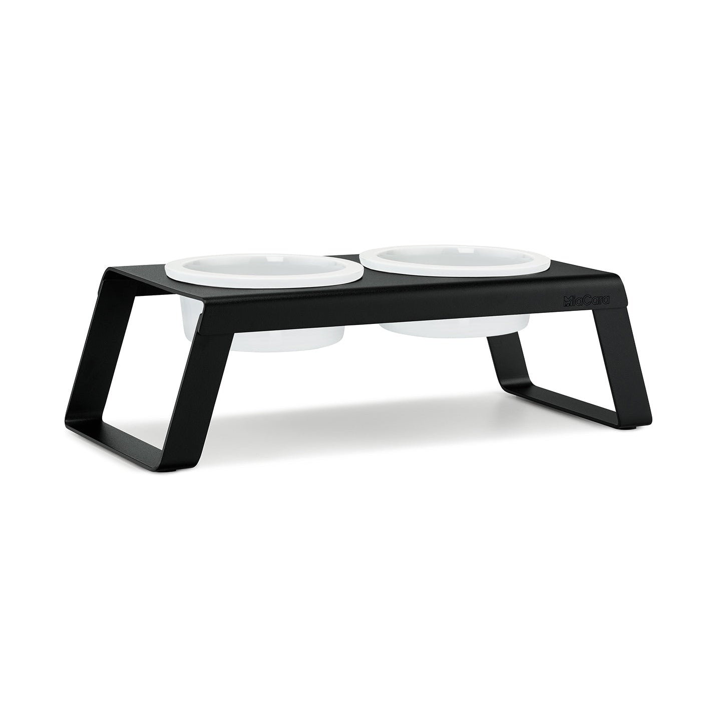 MiaCara Desco Elevated Dog Feeder, black stand with two white bowls, plain background