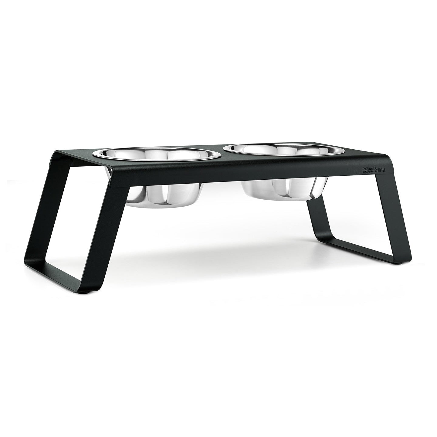 MiaCara Desco Elevated Dog Feeder in black with two stainless steel bowls on white background