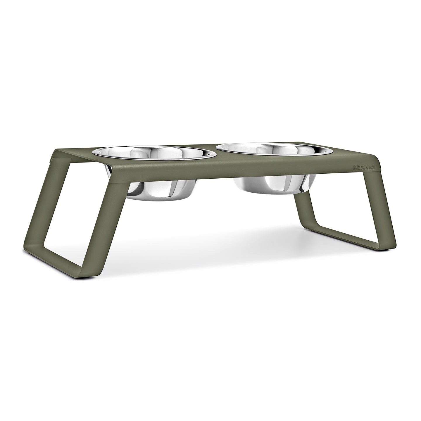MiaCara Desco Elevated Dog Feeder in grolive, with two stainless steel bowls, on white background