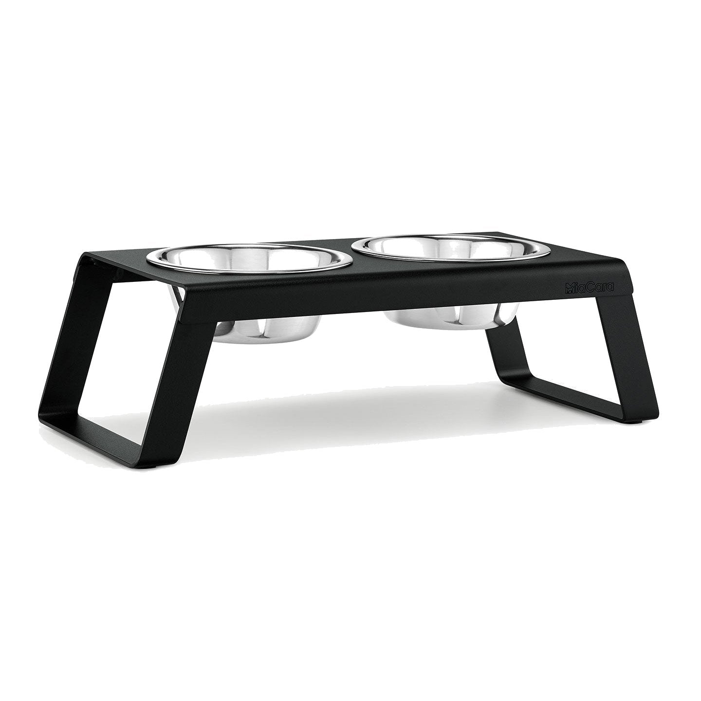 MiaCara Desco Elevated Dog Feeder in black with two stainless steel bowls
