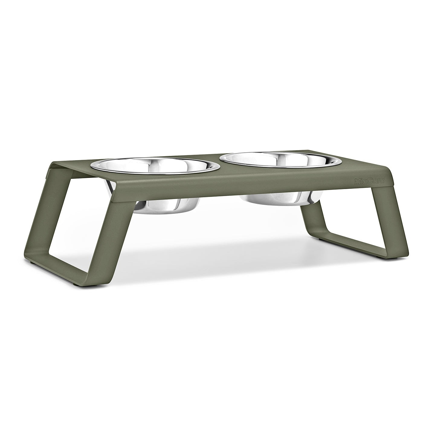 MiaCara Desco elevated dog feeder in grolive with two stainless steel bowls