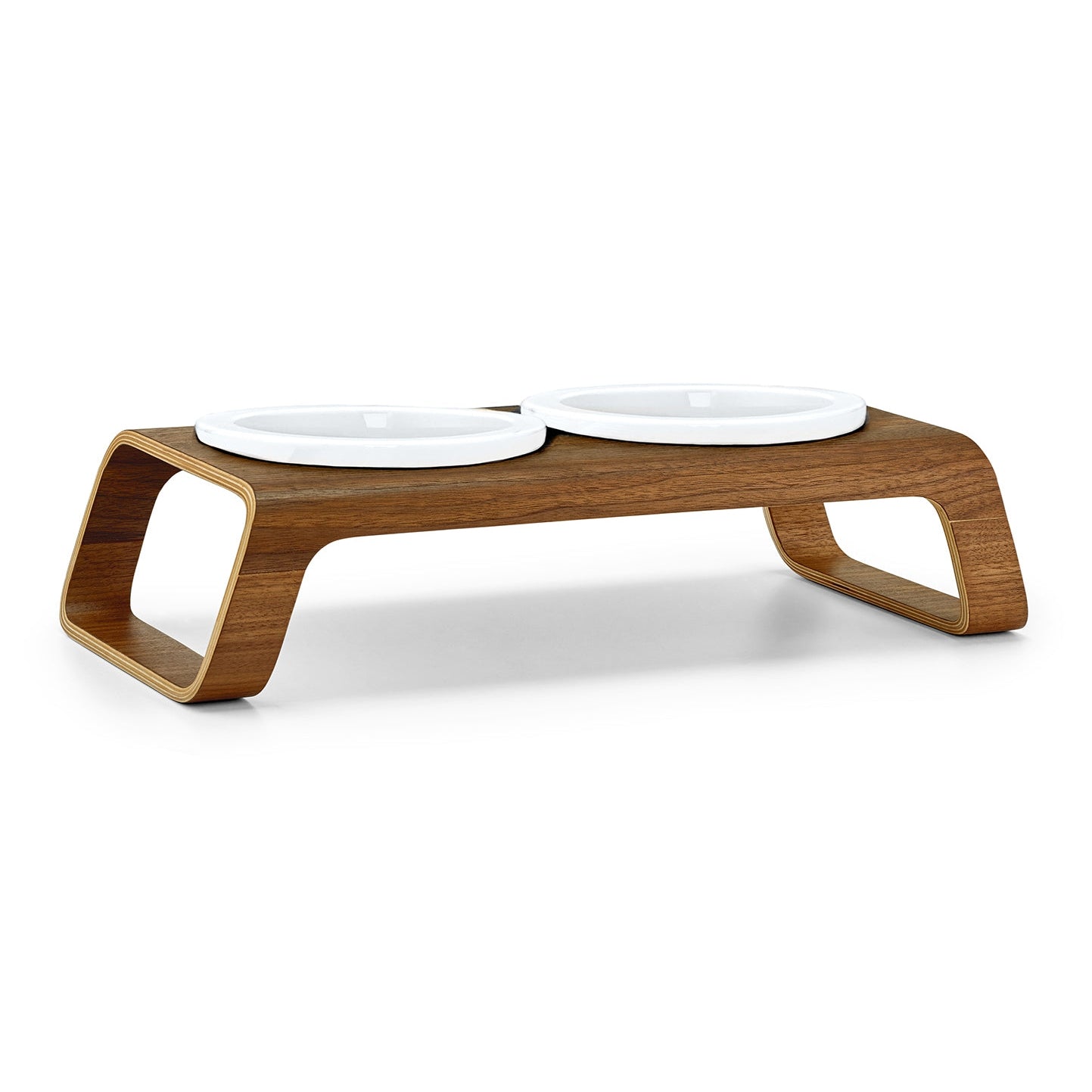 MiaCara Desco Elevated Cat Feeder in walnut with two white ceramic bowls on a white background