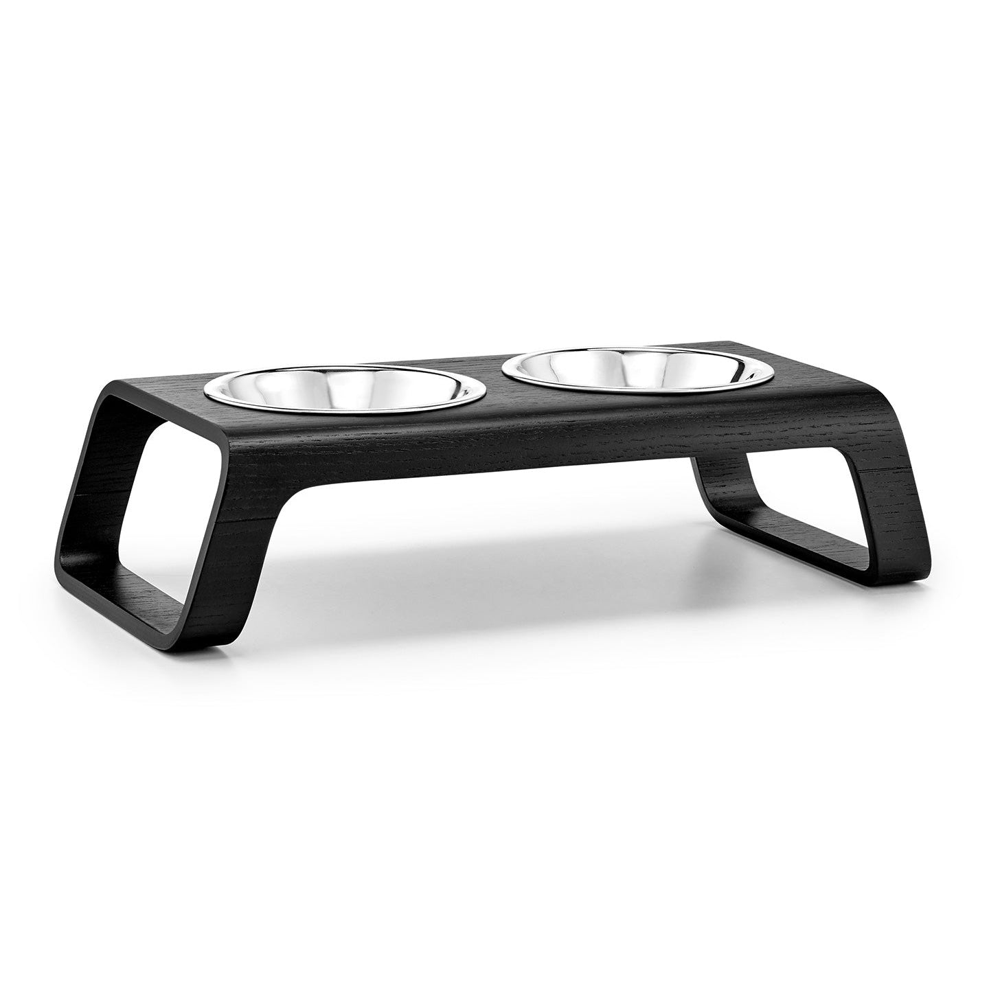 MiaCara Desco elevated cat feeder with dual stainless steel bowls in minimalist black wood contemporary design
