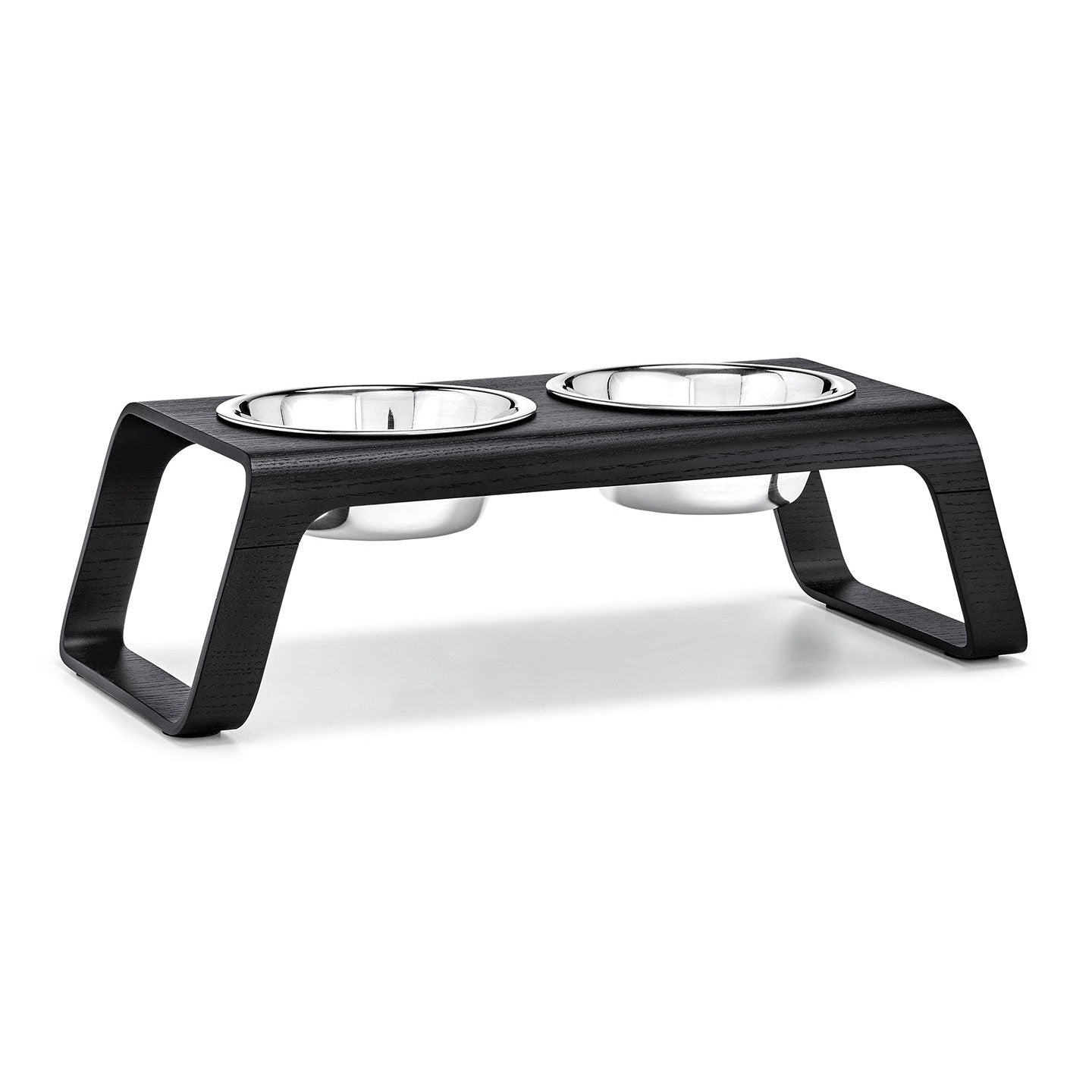 MiaCara Desco elevated dog feeder in black stained ash with two steel bowls