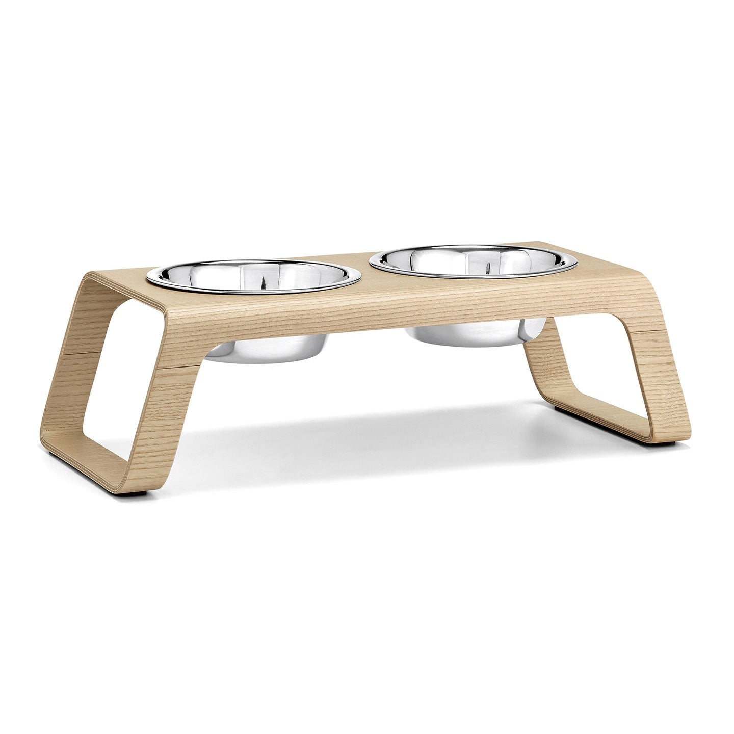 MiaCara Desco Elevated Dog Feeder in natural ash with two stainless steel bowls