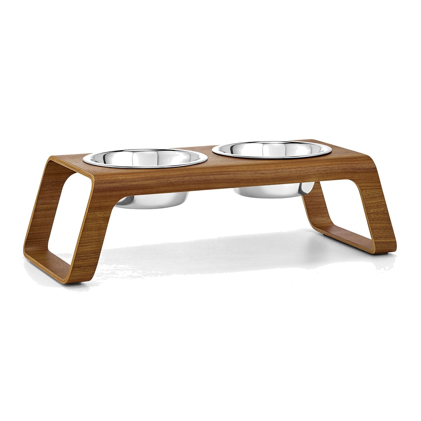 MiaCara Desco Elevated Dog Feeder in walnut with two steel bowls on white background