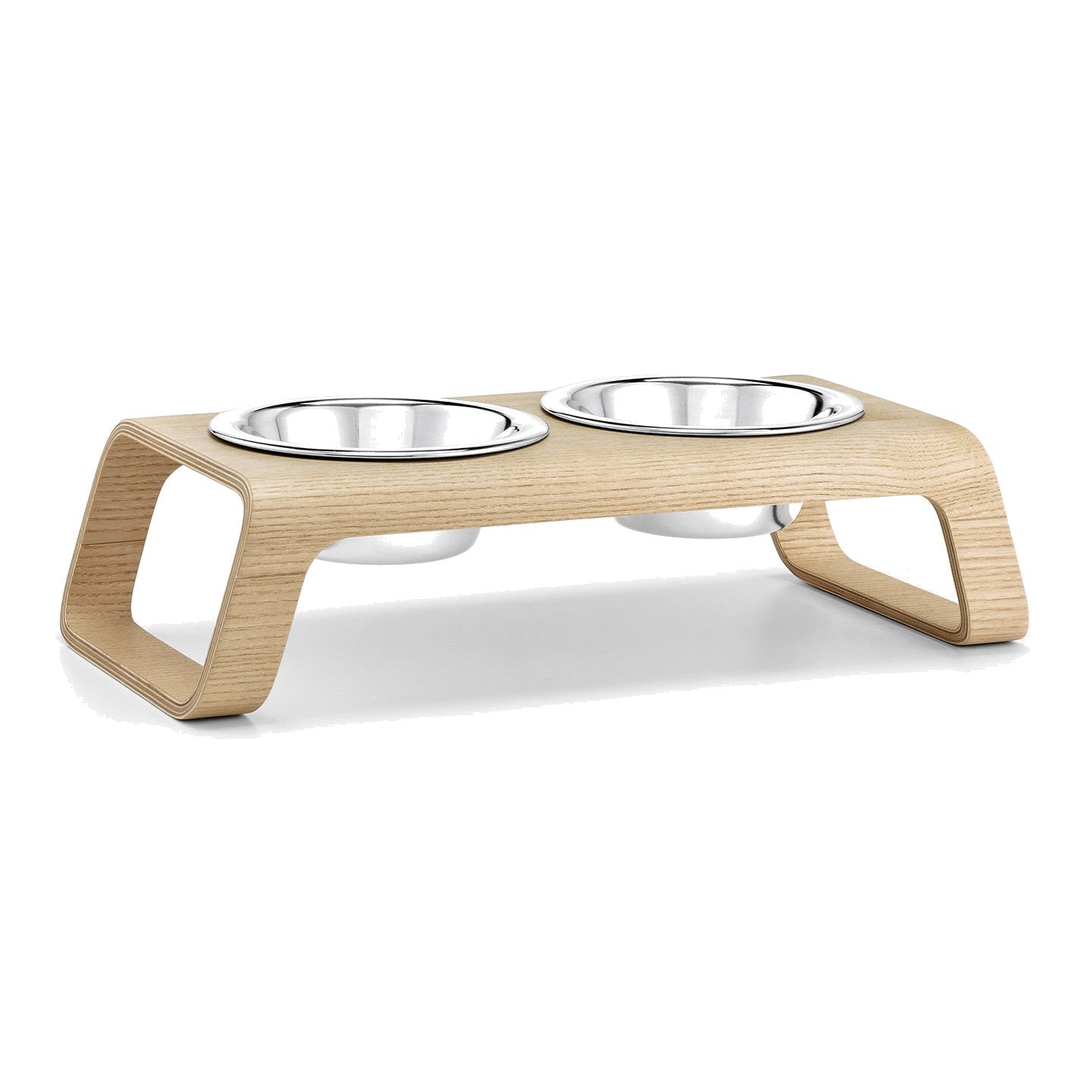 MiaCara Desco elevated dog feeder in natural ash with two steel bowls on white background