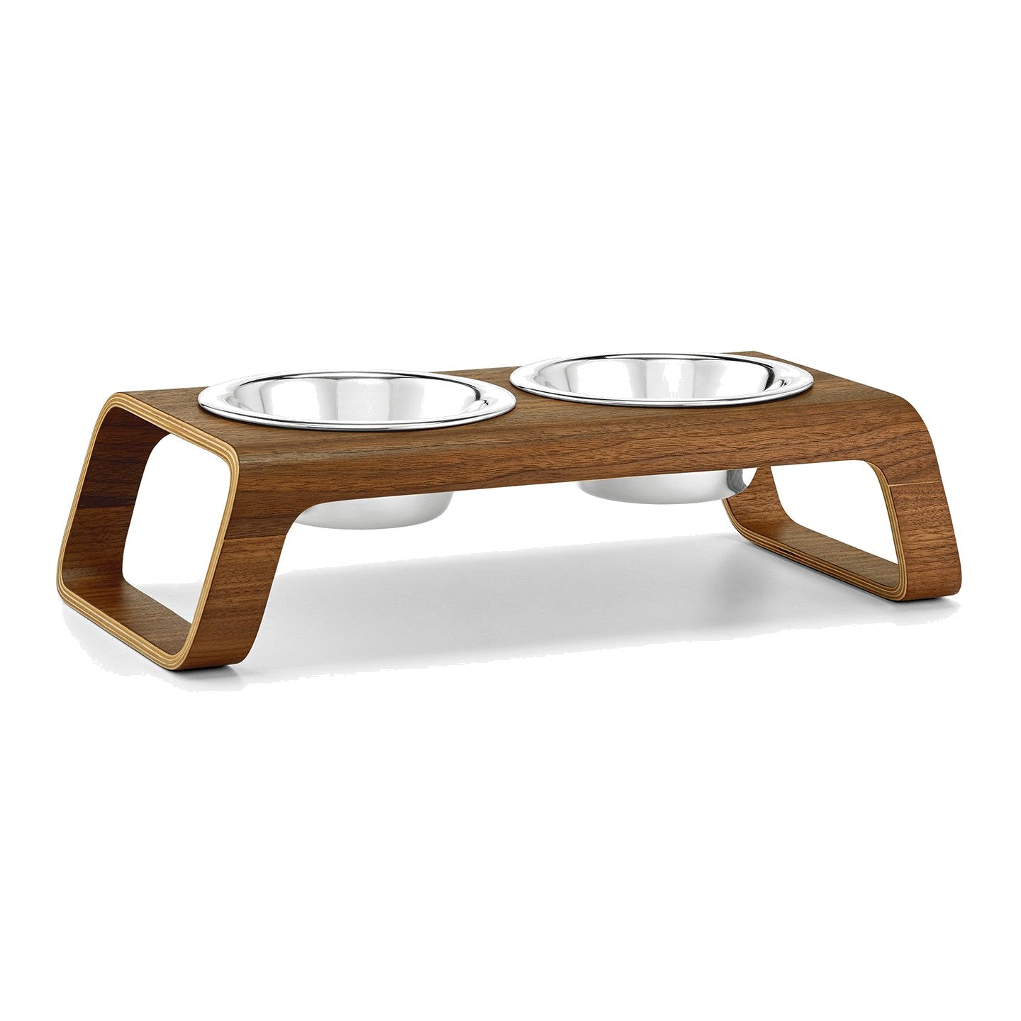 MiaCara Desco elevated dog feeder in walnut with two steel bowls