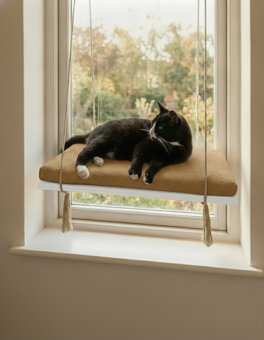 Cat Window Perch - Pine Wood - The Sunny Spot in White, Beige cushion