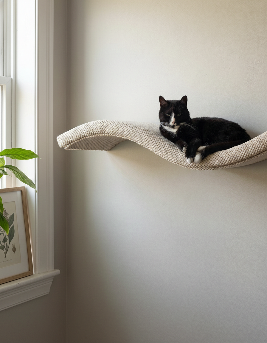 Cat Wall Shelf - The Wave with Cream DOT cushion