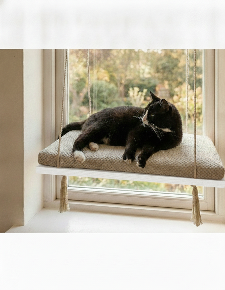 Cat Window Perch - Pine Wood - The Sunny Spot in White, Cream cushion
