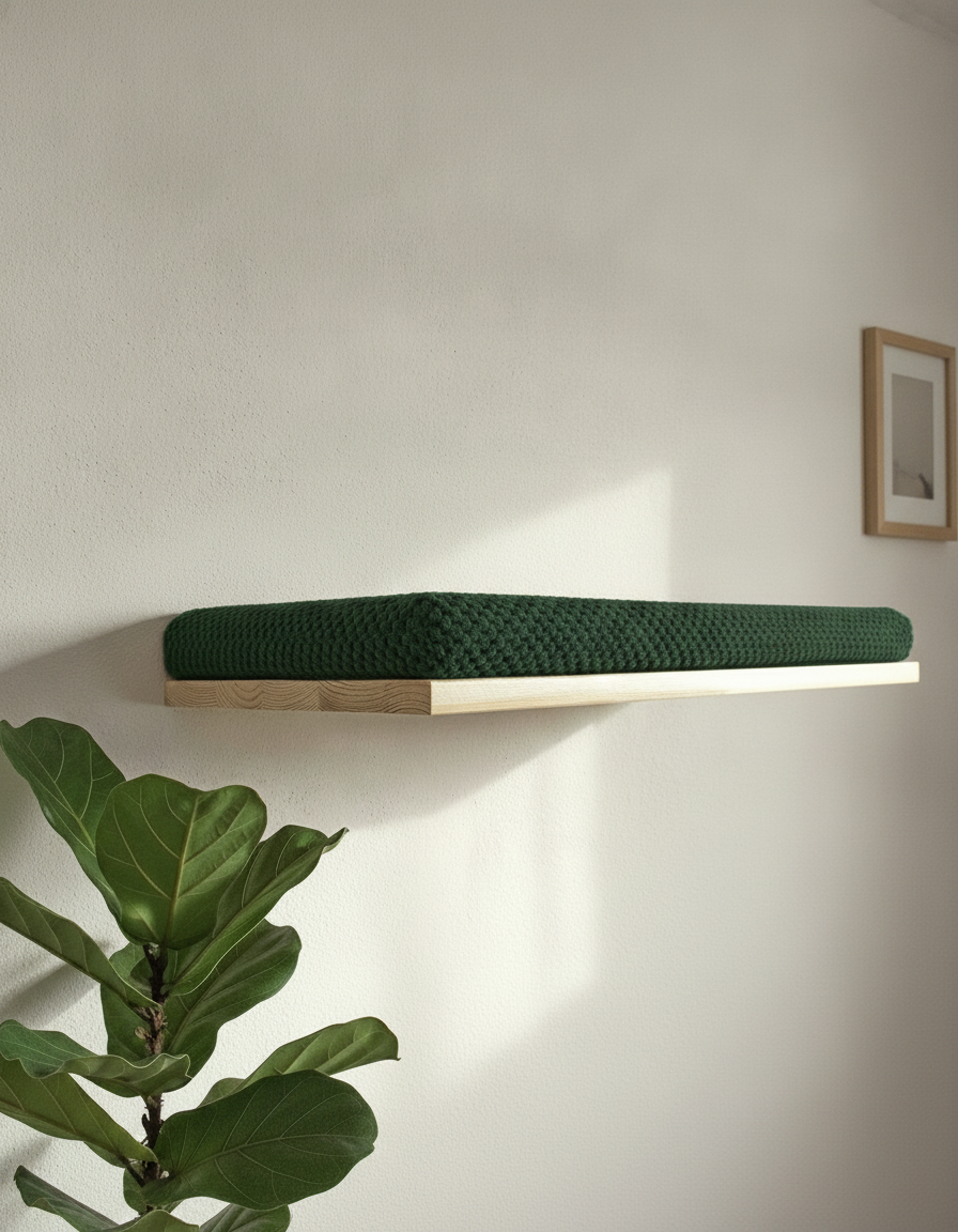 Floating Cat Wall Shelf - The Cozy Nook in Natural Pine, Bottle Green cushion