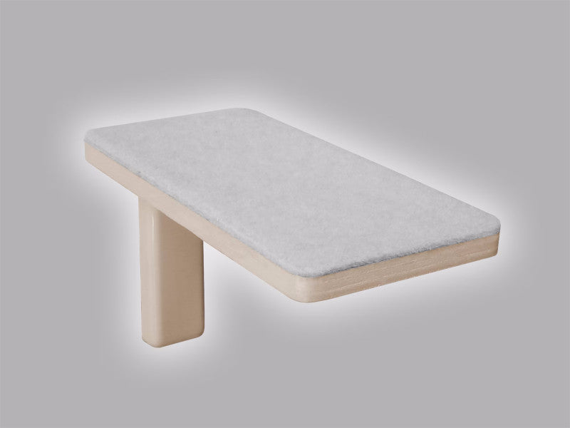 Wooden cat wall step with soft grey cushioned top surface for climbing and resting, wall-mounted design