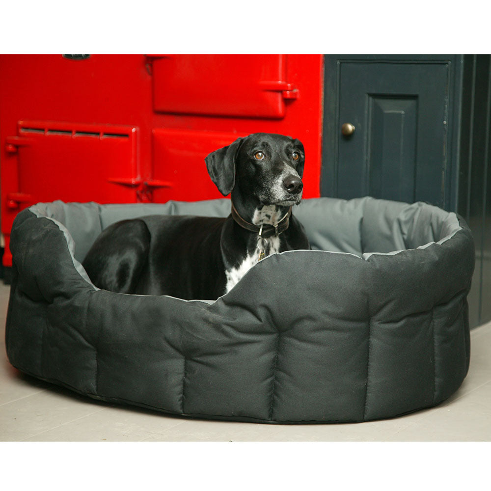 Black and white dog relaxing in grey waterproof oval dog bed with high sides in modern kitchen setting