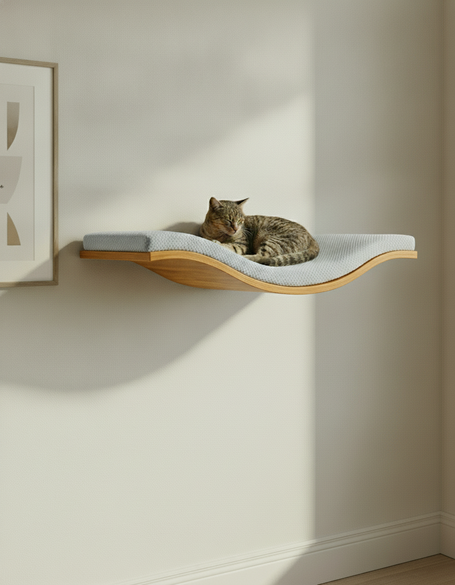 Floating Cat Wall Shelf - The Wavey Retreat in Golden Oak, Grey cushion