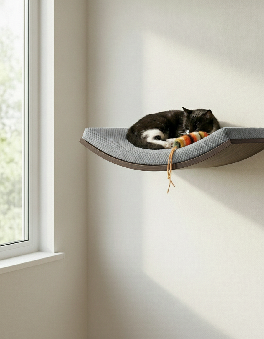 Floating Cat Wall Shelf - Softly Shaped in Wenge, Grey cushion