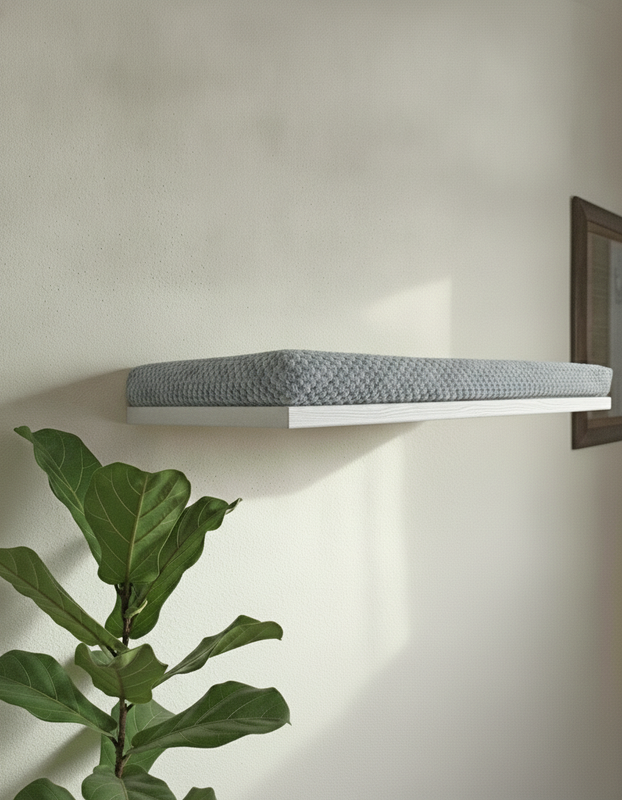 Floating Cat Wall Shelf - The Cozy Nook in White, Grey cushion
