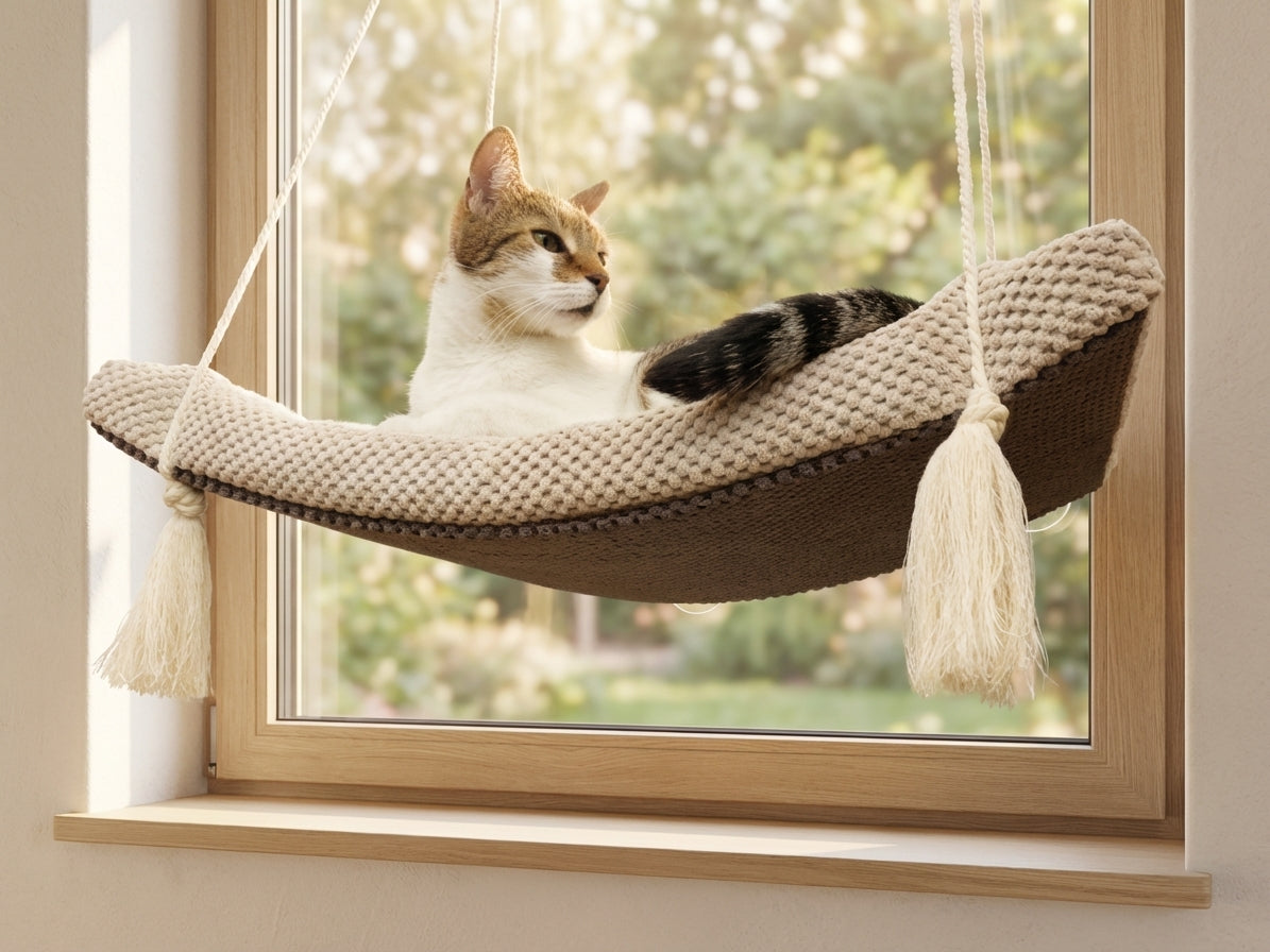 Tabby cat relaxing in beige rope window hammock with tassels against cloudy sky backdrop - Arcing View design