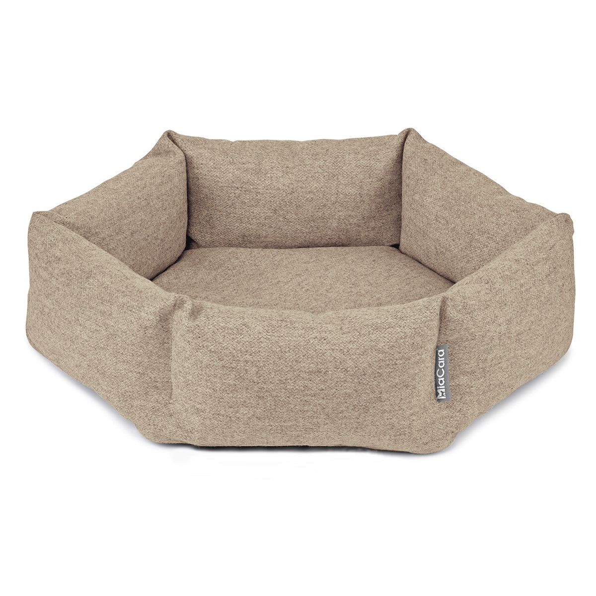 MiaCara Calma hexagon cat bed in Sand, a sandy beige, with raised sides, on a white background