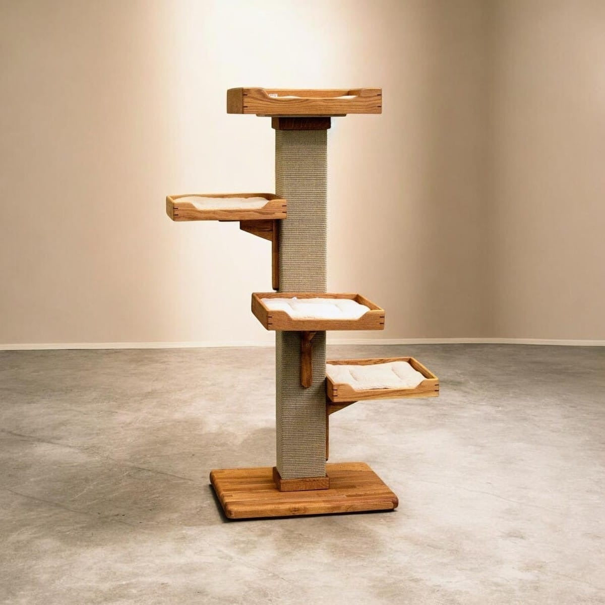 Tall handmade cat tree with four beds on one sisal carpet post and a solid oak base